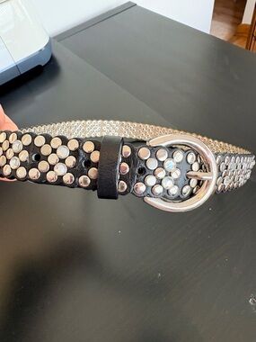 Studded Black Leather Belt with Silver Hardware size small